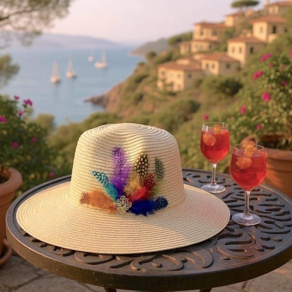 VIVA VENTO FEATHER HANDMADE DESIGN FLOPPY SUN HAT COLLECTION (Green Brooch)